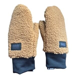 UGG Sherpa Mittens Chestnut Brown Faux Fur Leather Palm Logo Pull Tab S/M